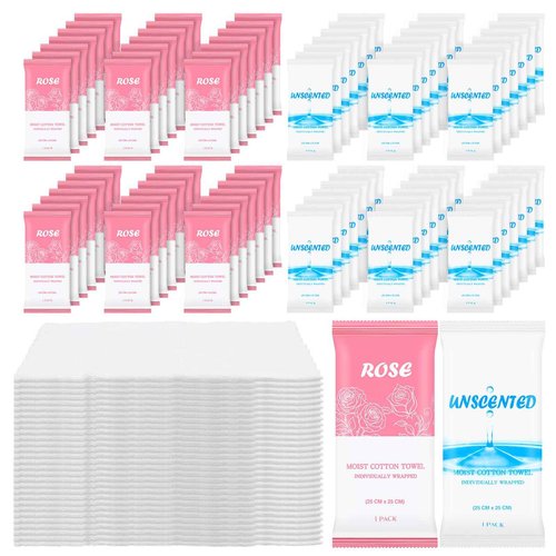 Moist Towelettes, Disposable Pre Moistened Towels Individually Wrapped, Soft Portable Face & Body Wet Towels for Travel Hotel Sport Camping Spa 9.8 x 9.8 inch, Rose & Fresh (100 Pack)