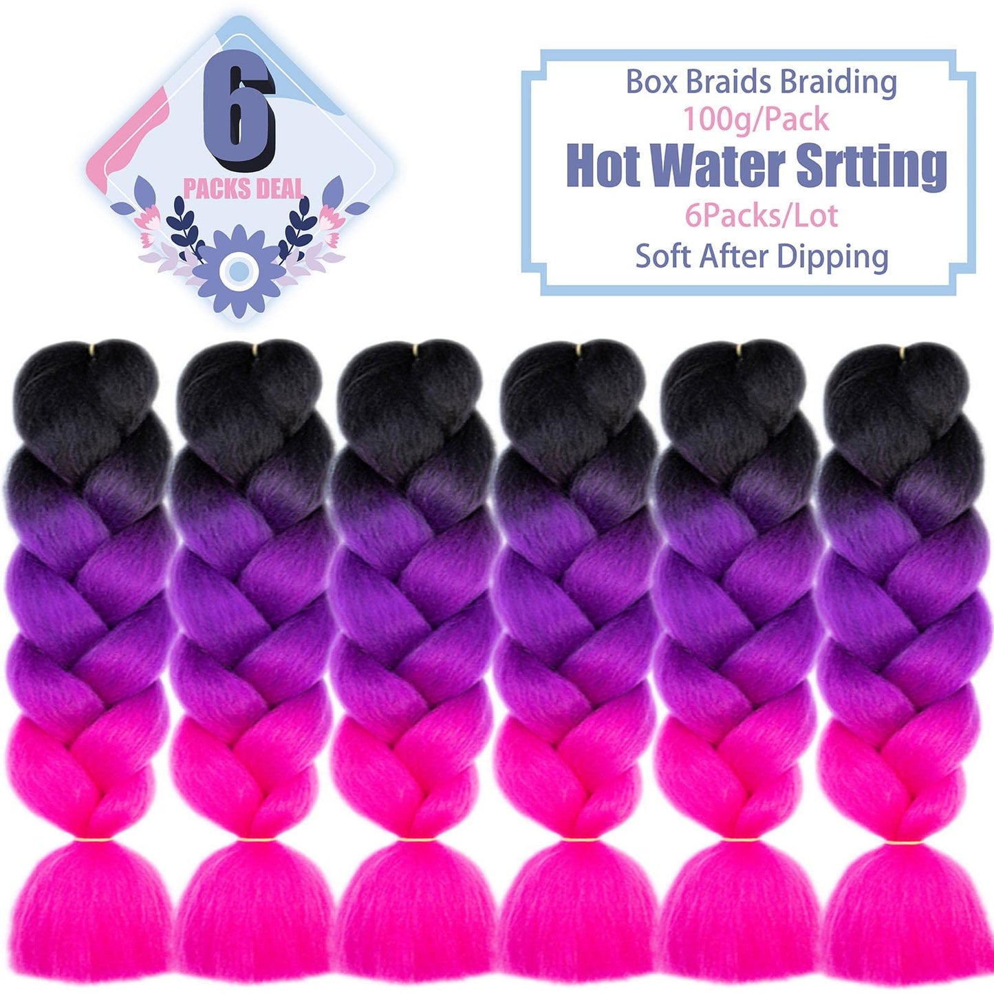 LILYKA SHOW 6 Packs 24 Inch Braiding Hair Extensions for Women Kanekalon Braiding Hair Ombre Jumbo Braiding Hair Extensions High Temperature Synthetic Braiding Hair for Twist Crochet Braids(6 Packs 24",Black to Purple to Rose)