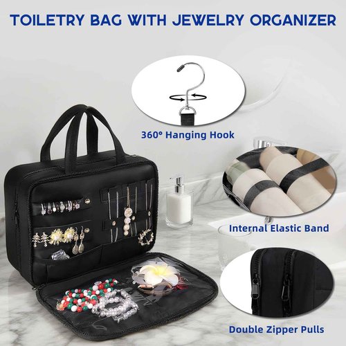 CONBOLA Travel Toiletry Bag Hanging Toiletry Makeup Bag with Jewelry Pockets, Cosmetic Storage Pouch,Jewelry Organizer for Rings Bracelets, Necklaces，Necklace Vacation and Travel Essentials.(Black)