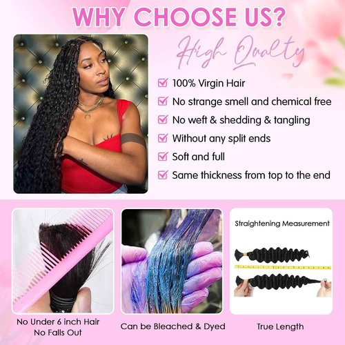 Human Braiding Hair for Boho Braids 16 Inch 110g 2 Bundles/Pack Deep Wave 12A Curly Brazilian Virgin Hair Extensions No Weft Knotless Bulk 1B Black