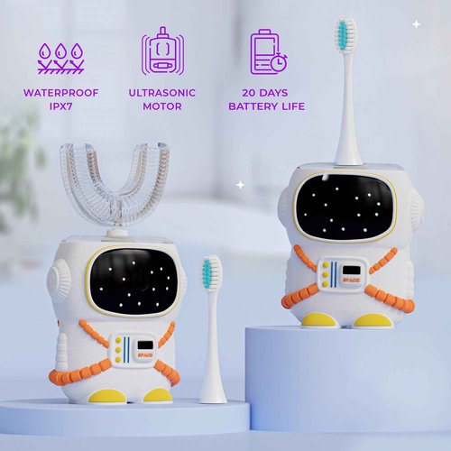 Sensory 360 Round U-Shaped Astronaut Design Mouthguard Electric Toothbrush for Kids Ages 2-7 - Automatic Memory Function - 5 Modes Toothbrush with Multiple Heads – Kids Travel Essentials (White)