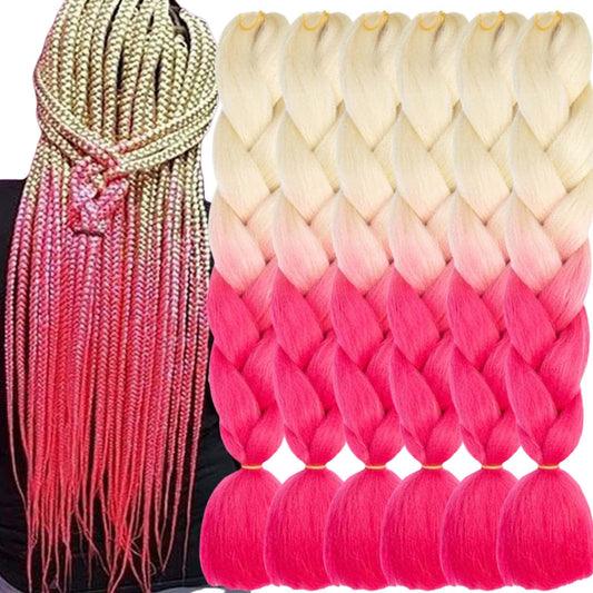 Ombre Braiding Hair Extensions for Women 6 Packs/24 Inch Braiding Hair Fiber Crochet Hair for Box Braids Senegal Twist Hair Extensions(24" (Pack of 6),Beige to Pink)