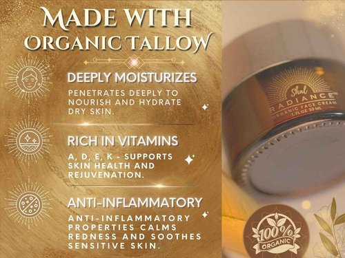 Shal Radiance Organic Face Cream For Dry Skin, Beef Tallow Skin Care, Tallow Moisturizer, Organic Ingredients, Natural Face Moisturizer, Tallow Butter, Balancing Formula, Made in USA (1 ounce)