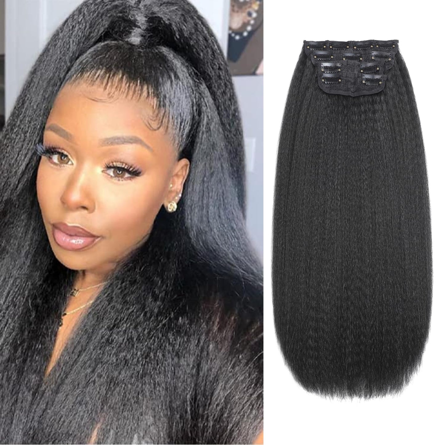 16 Inch Kinky Straight Clip in Hair Extensions for Black Women 4Pieces 140g 11Clips Full Head Yaki Straight Seamless Clip ins Synthetic Hair