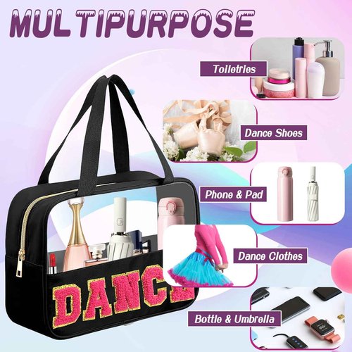 AIHSUMC Dance Gifts Chenille Letter Bags, Clear Dance Makeup Bag with Handle and Zipper Nylon Portable PVC Storage Organizer Waterproof Travel Cosmetic Toiletry Bag for Women, Dance Competitors