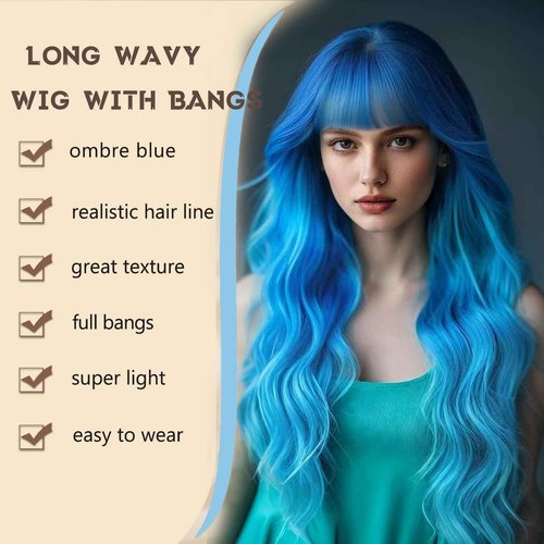 Ombre Blue Wig with Bangs for Women, Long Wavy Blue Wig 26 Inch Wigs Heat Resistant Synthetic Colorful Wig