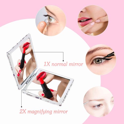 DOOSAI Cute Rainbow 4 Pcs Pocket Mirror Kits for Purse, Quicksand Portable Small Travel Makeup Mirror with 1X/2X Magnifying, Square Foldable PU Leather Cosmetic Mirror for Children and Girls