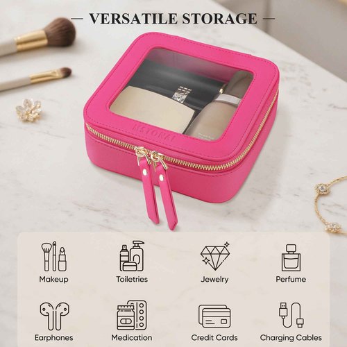 MSTONAL Clear Makeup Bag, Travel Toiletry Bag Cosmetic Case for Women, Waterproof Portable Small Make Up Skincare Pouch with Zipper, Compact Car Organizer Bag for Essentials, Mini Size, Hot Pink
