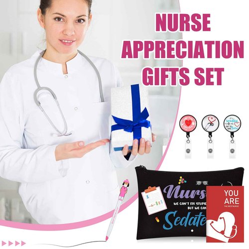 Yeaqee 48 Pcs Nurse Christmas Appreciation Gifts Set Bulk Include Makeup Cosmetic Bag Pocket Journal Notebooks Ballpoint Pen Badge Reel for Christmas Women Rn Assistant Student(Black,Nursing)