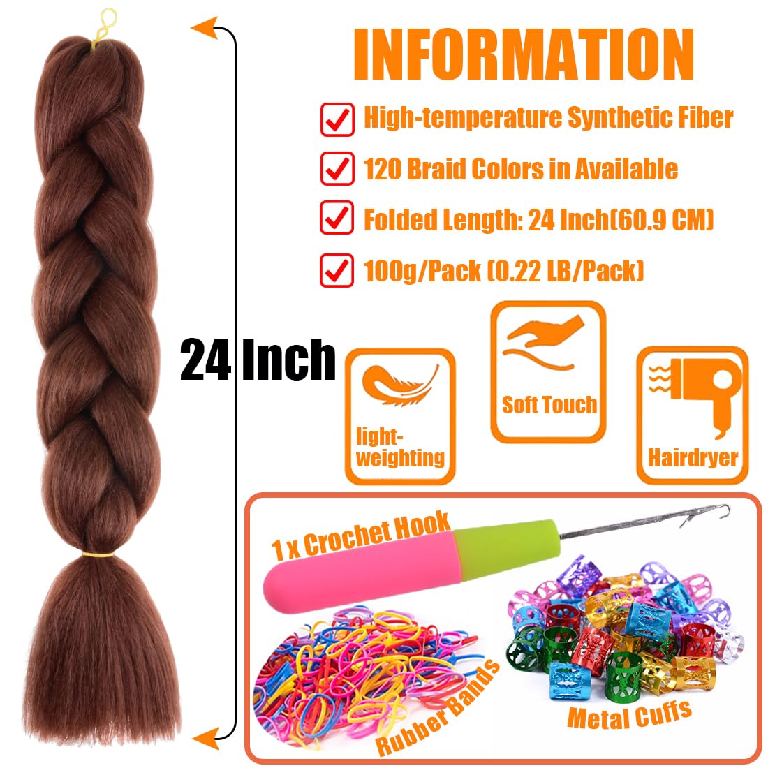 DOREN Jumbo Braids Colorful Hair Extensions for Black Women DIY Crochet Box Braiding with Crochet Hook 100g/pc 3 Pieces/Lot(24 Inch, #33)