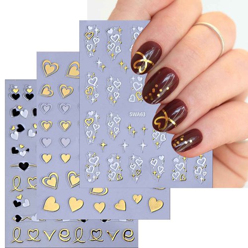 LBPEPAMZ 8Sheet Valentine's Day Nail Art Stickers gold white pink black heart Nail Stickers with Bling Gold Star Designs for Nails Art Manicure Decor Romantic Love Heart Nail Supplies Nail Accessories