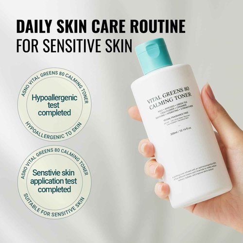 ASNO Vital Greens Calming Toner 300ml - Genderless Vegan Soothing Care for Acne, Pimple, Redness, Sensitive Skin, Superfood 80% + Ceramide, Hydrating Daily Facial Toner, Korean Skin Care