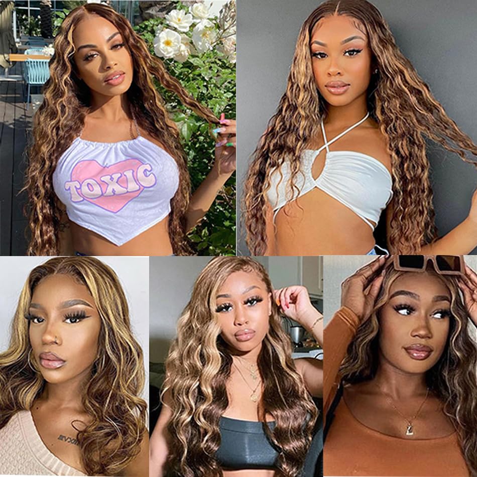 P4/613 Bundles Highlight Deep Wave Human Hair Bundles 8a Brazilian Virgin Hair Mixed Length 3 Bundles 8 10 12 Inch Two Tone Brown Mixed With Blonde Bundles Highlight Deep Wave Bundles