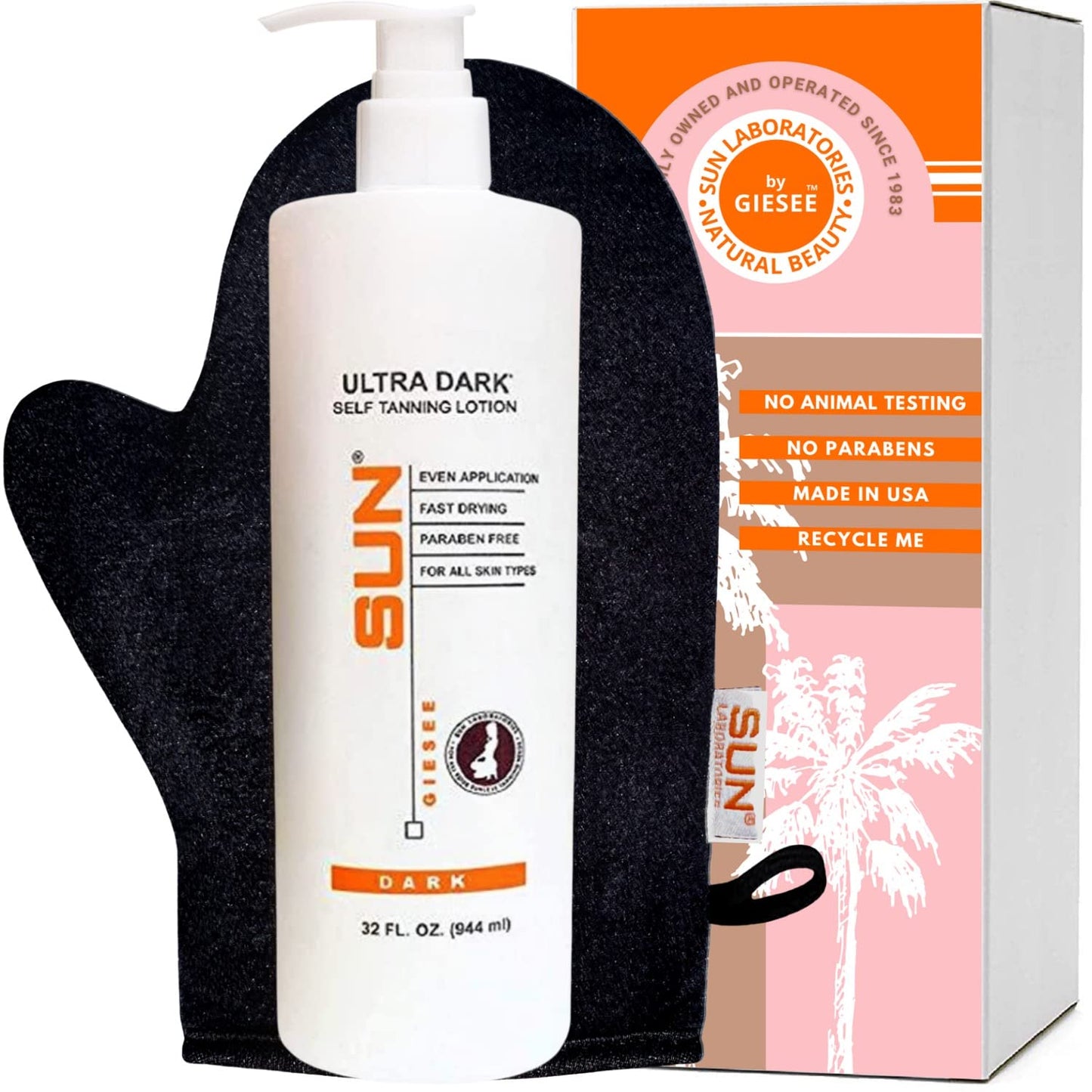 Sun Laboratoreis By Giesee Ultra Dark Self Tanner Lotion 32 oz With Tanning Mitt - Extra Dark Self Tanner, Self Tanning Lotion, Sunless Tanner, Travel Self Tanner, Natural Organic, Self Tanning Mitt