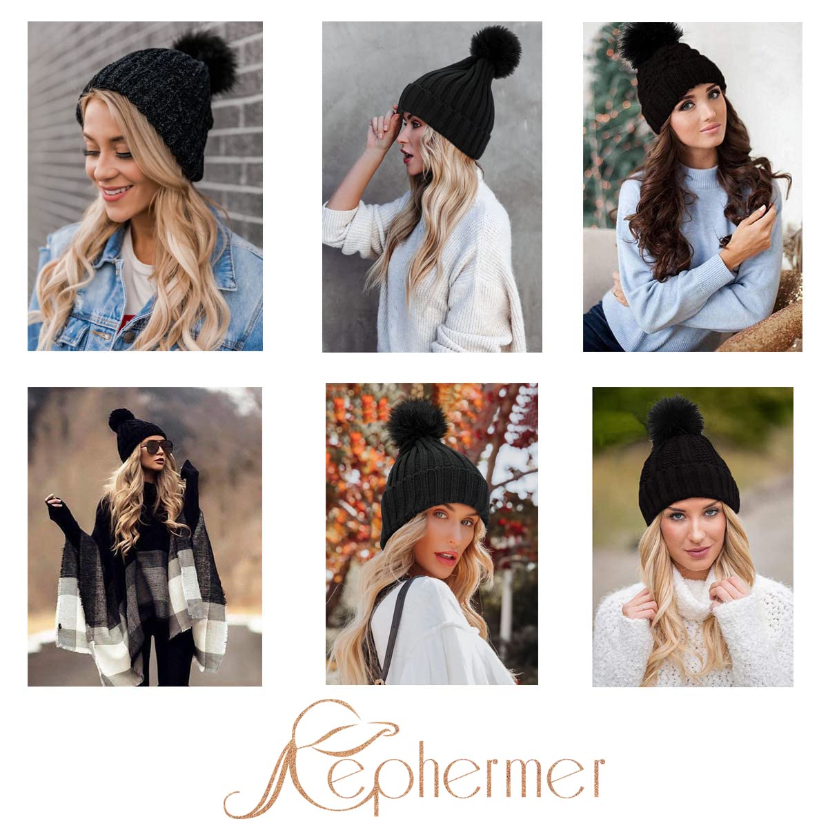 Cephermer Women Beanie Hat with Hair Attached Warm Knitted Pom Cap Attached 14inch Long Wavy Curly Hair Extensions Synthetic Hairpiece