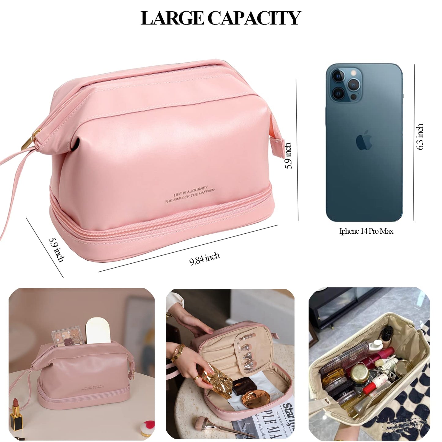 AUSEKALY Makeup Bag Travel Cosmetic Bag Double Layer Leather Toiletry Bag With Brush Bag For Women Girl High Capacity Make Up Bag Portable Waterproof Makeup Pouch Pink