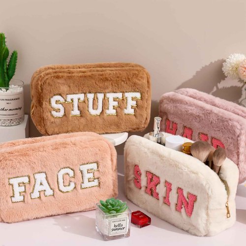 Paterr 4 Pieces Preppy Makeup Bag Chenille Letter Faux Fur Fluffy Bag Preppy Stuff Face Skin Hair Stuff Cute Toiletry Cosmetic Travel Bags Pouch with Zipper for Girls Women(Pink Brown)