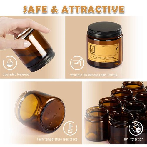 TENLIG 4 oz Glass Jars with Lids,Amber,12 Pack Empty Cosmetic Containers with Inner lids and Inner Liners,Black Metal Lids,Refillable Round Airtight Jars,Use to store Lotion,Powders,Candle Making