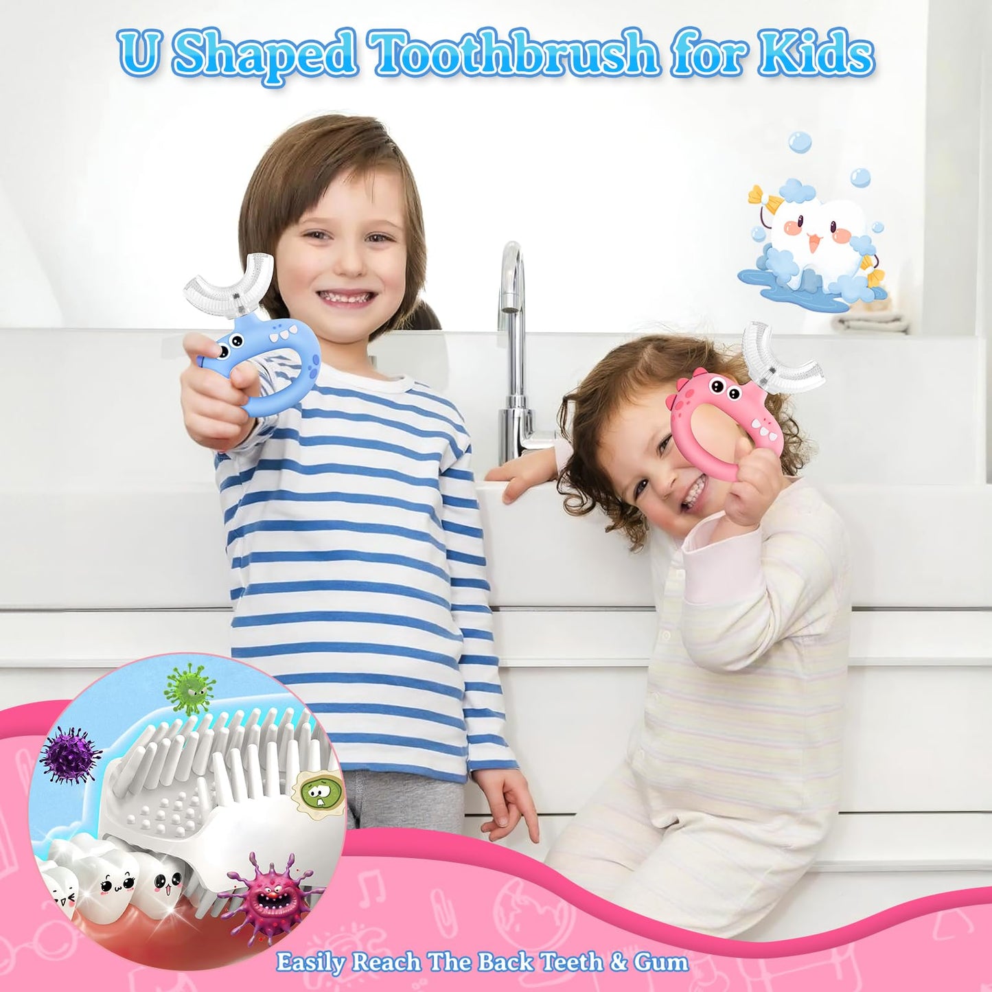 SUPERZZKKE Toddler Toothbrush - U Shaped Toothbrush Kids with Food Grade Soft Silicone Brush, Manual Whole Mouth - 360° Oral Teeth Cleaning Design for Age 1-2 3-6 Boys & Girls, 2 PCS