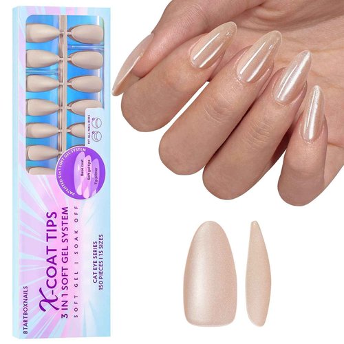 BTArtboxnails Cat Eye XCOATTIPS - Soft Gel Almond Nail Tips, Glitter Press On Nails Medium, Soak Off Acrylic Fake Nails Glue On Nails In 15 Sizes - 150 Nail Extension Set, Aurora
