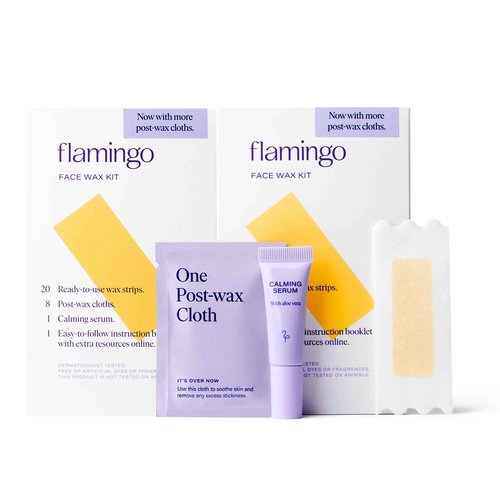 Flamingo Women Face Waxing Kit, Facial Waxing Kit with 20 Wax Strips for Face, 8 Post-Wax Cloths, and 1 Post-Wax Serum, Pack of 2