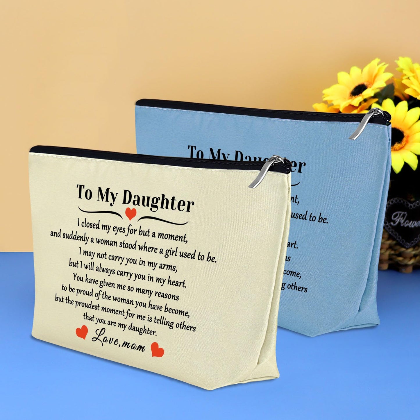 2 Pcs Daughter Inspirational Gifts Makeup Bag Daughter Gift from Mom to My Daughter Cosmetic Bag Christmas Birthday Wedding Gift for Daughter Bridal Shower Gift Travel Toiletry Bag (Blue + Beige)