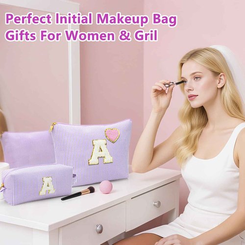 Personalized Initial Makeup Bag Gifts Preppy Cosmetic Bag Trendy Toiletry Travel Bag For Teen Girls Kids Women Letter Makeup Pouch Purse Holiday Gifts Birthday Christmas Gifts 2pack (A, Purple)