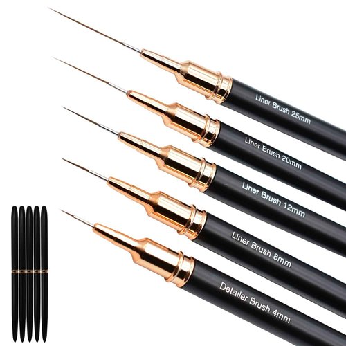 5Pcs Metallic Nail Art Liner Brush Set, UV Gel Polish Painting Tools for Long Lines, Thin Details, Fine Drawing, Sizes 4/8/12/20/25mm (Black)