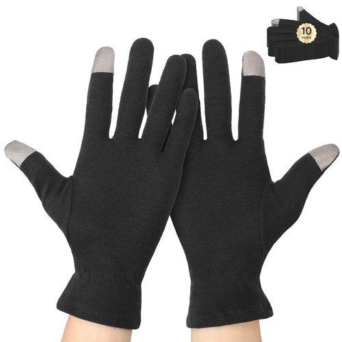 Segbeauty 20 Counts Elastic Touch Screen Black Lotion Gloves Overnight for Sleeping, 10 Pairs Working Moisturizing Cotton Gloves for Men with Elastic Band, Dry Hands Cotton Work Glove for Women Bulk