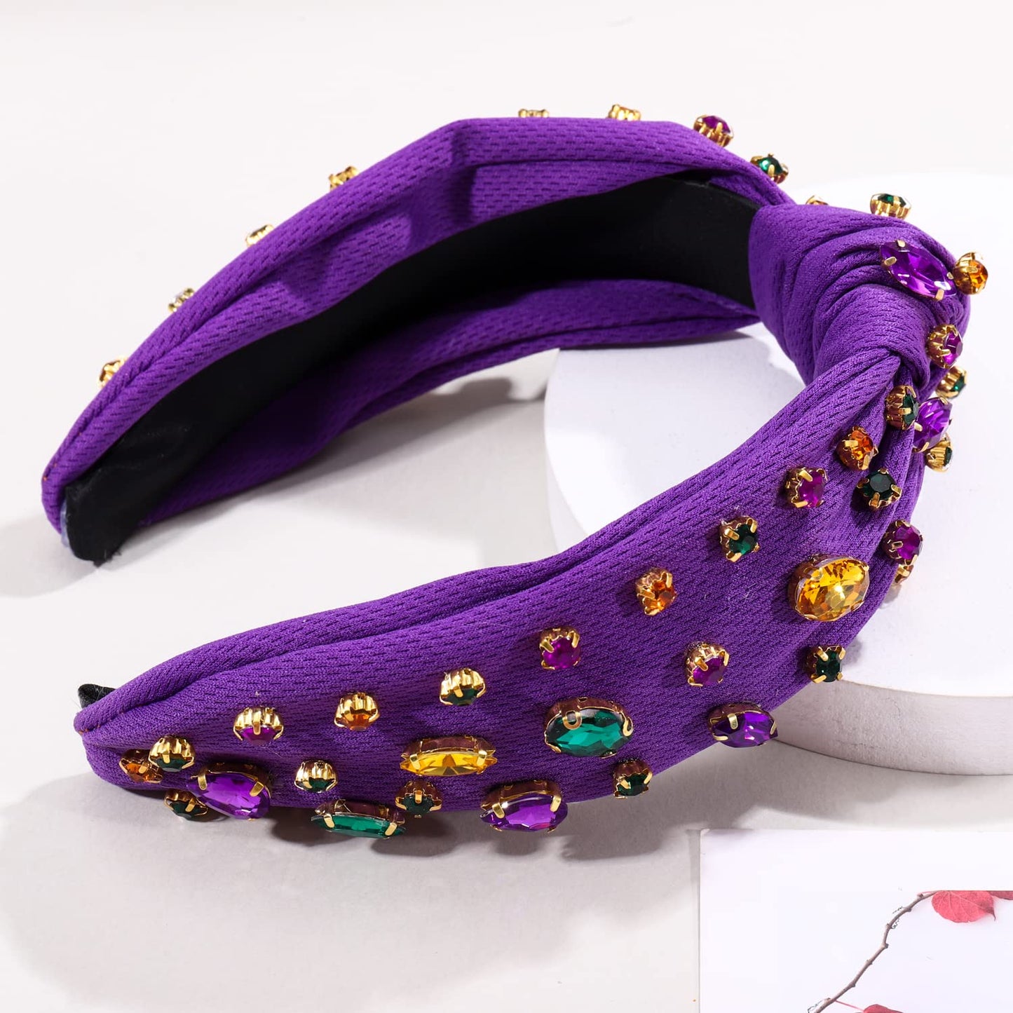 CENAPOG Rhinestone Knotted Mardi Gras Headband for Women Sparkly Crystal Embellished Hairbands Twist Turban Headband Elastic Wide Velvet Hair Hoop Party Holiday Headwear for Girls (Mardi gras colors)