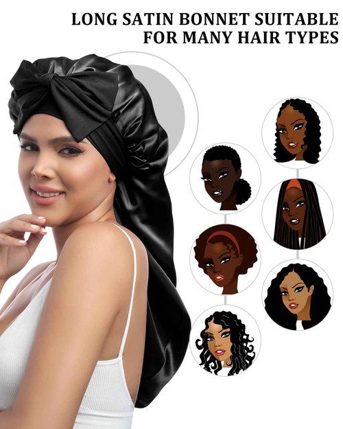 AWAYTR Long Satin Bonnet for Sleeping - Double Layer Reversible Silk Bonnet for Long Hair Women Sleeping Cap with Tie Band (Black+Purple)