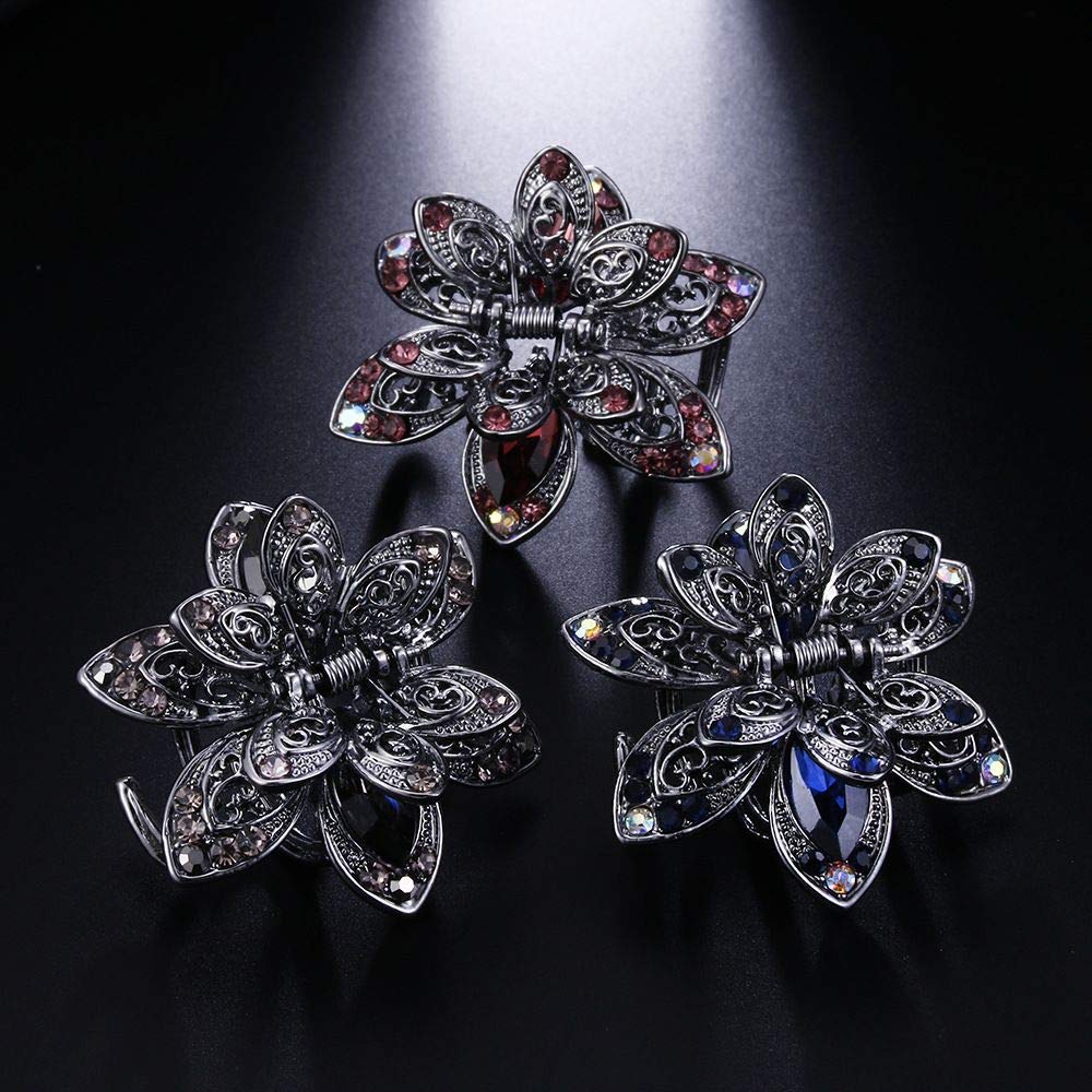 MOTZU 9 Pack Mini Jaw Clips, 1.5 inch Metal Crystal Hair Claws, Non-Slip Flower Barrette, Vintage Metal Rhinestone Hair Clip Accessories for Women Girls, Red