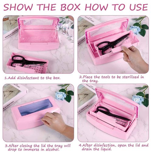 Gusnilo Sanitizing Tray - Disinfectant Container Nail Tool Sterilizer Box Plastic Sanitizing Box for Nail Tools, Hair Salon,Spa (Clear Lid, Pink)