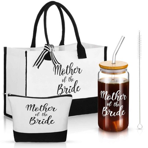 Zubebe 3 Pcs Bride Gifts for Bachelorette Party Bridal Shower Wedding Gift Set Include Glass Cup Canvas Tote Bag Makeup Bag(Mother of the Bride)