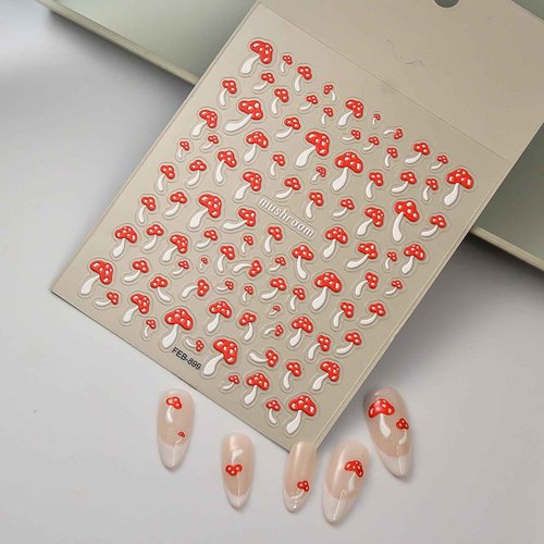 Mushroom Nail Art Stickers Decals 5D Embossed Mushroom Nail Decals Spring Nail Stickers Red Self-Adhesive Nail Art Supplies Cute Summer Nail Art Accessories for Women DIY Manicure Decoration 1Pcs