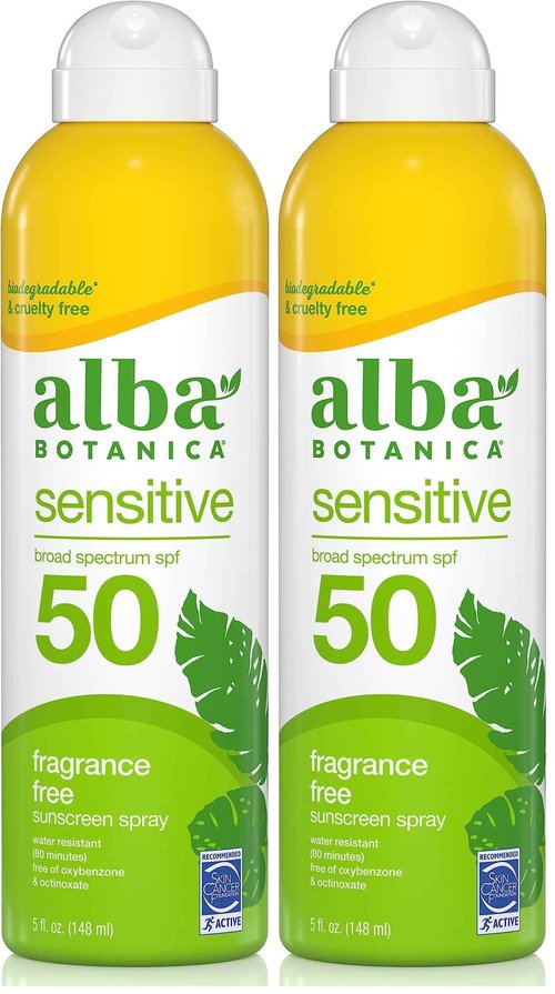 Alba Botanica Sensitive Sunscreen Spray for Face and Body, Fragrance-Free, Broad Spectrum SPF 50, Water Resistant, 5 fl. oz. Bottle (Pack of 2)