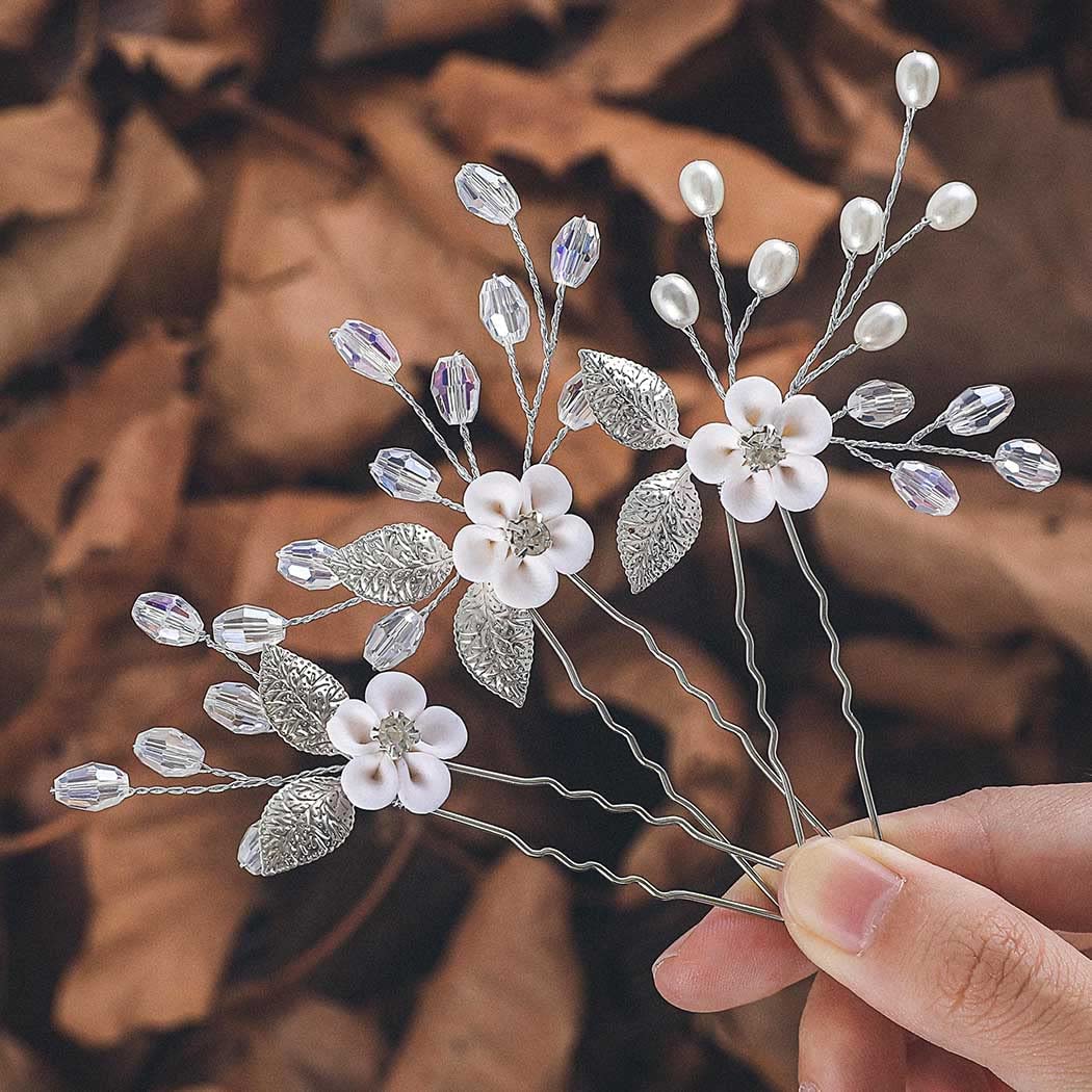 Latious Flower Bride Wedding Hair Pins Rose Gold Leaf Hair Clips Floral Hair Piece Bridal Hair Accessories for Women and Girls (Pack of 3) (Rose Gold)