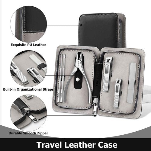 IBUNEERLY Manicure Set, Nail Cutters Set with Travel Leather Case, Professional Manicure Tools for Thick Nail & Ingrown Nail, Nail Cutters for Men and Women, Silver