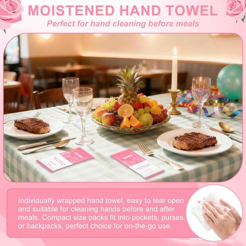 Moist Towelettes, Disposable Pre Moistened Towels Individually Wrapped, Soft Portable Face & Body Wet Towels for Travel Hotel Sport Camping Spa 9.8 x 9.8 inch, Rose & Fresh (100 Pack)