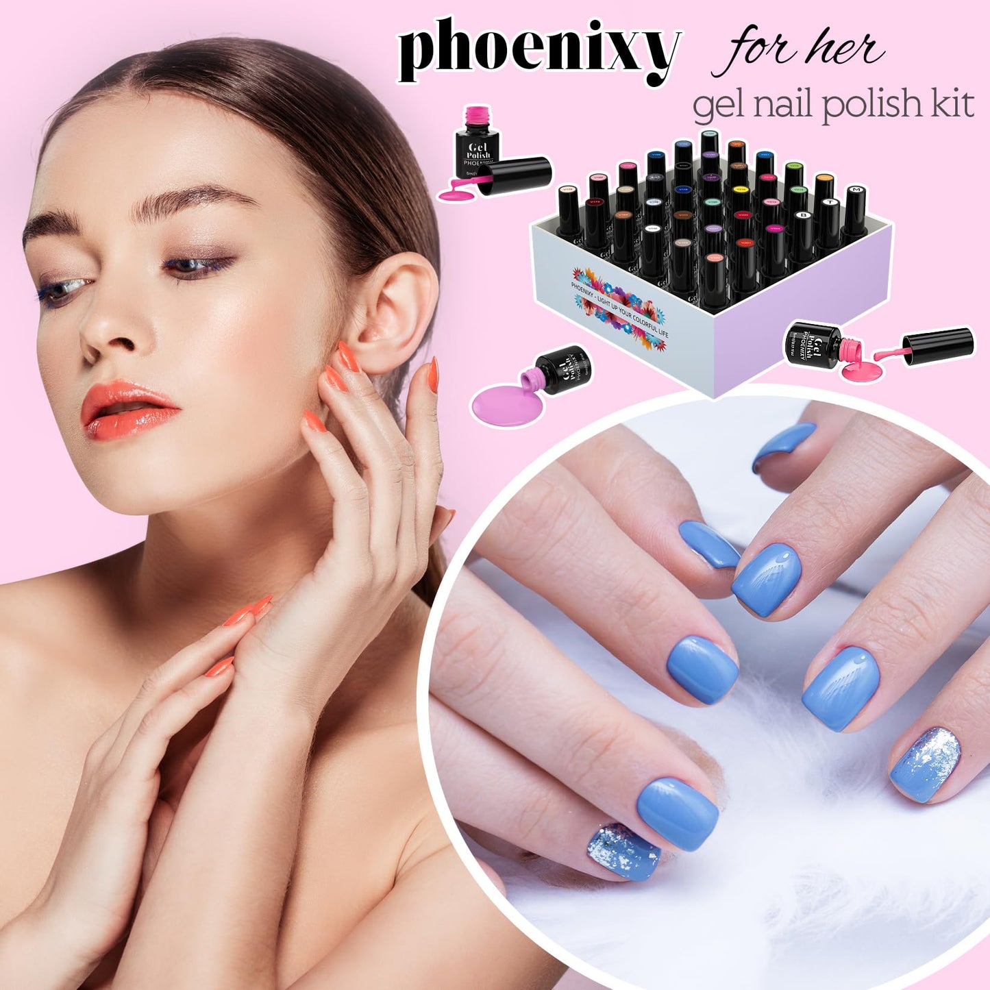 phoenixy Gel Nail Polish Kit - 36Pcs Gel Polish Kit All Seasons Colors Matte Top Base Coat Nail Polish Set Green Blue Red Pink Collection Gifts for Women Glass Bottle 5 ml/0.17 oz.