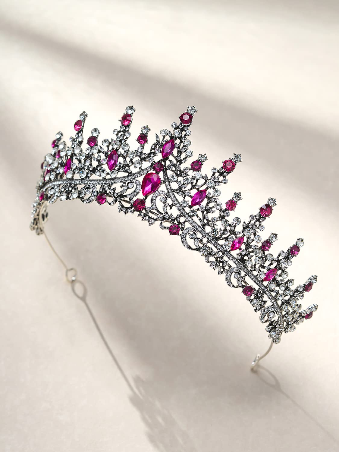 SWEETV Crystal Tiara Crown for Women, Royal Queen Crown Headband, Hot Pink Rhinestone Princess Hair Accessories, Antique Silver Metal Headware for Prom Birthday Halloween