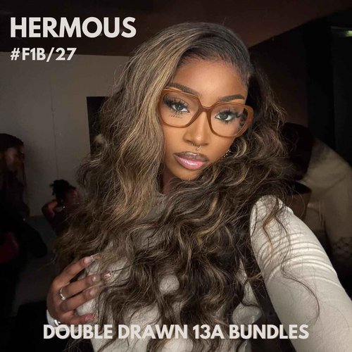 HERMOUS 13A Double Drawn FB/27 Human Hair Bundles Body Wave Blonde Highlight Color, Honey Blonde with Black Single Bundle Human Hair 100% Unprocessed Hair Colored Single Bundle Wavy Sew In 10 Inch