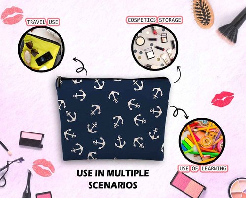 Dwept Nautical Anchor Makeup Cosmetic Bag, Marine Symbol Navy Anchor Linen Makeup Travel Toiletry Bag, Nautical Coastal Sailing Sailboat Anchor Cosmetic Bag Gifts For Sea Lovers Sailors Women Girls