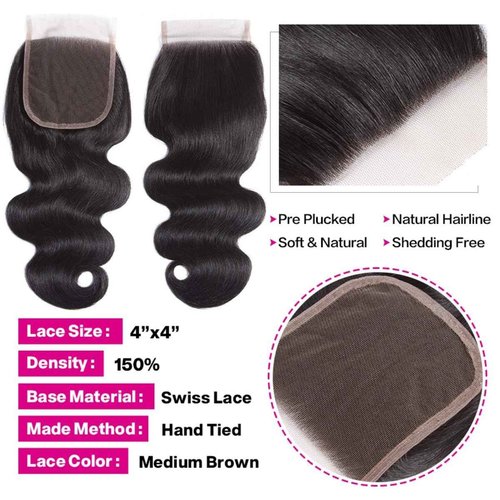 DreamPack Bundles with Closure Human Hair Body Wave Bundles Human Hair with 4x4 Lace Closure 100% Unprocessed Virgin Hair Extensions Natural Color (8" 8" 8" + 8" Closure)