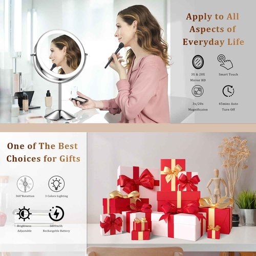 9in Vanity Mirror with Lights, Rechargeable&Dimming Lighted Makeup Mirror, 3X/20X Double Sided Magnifying Mirror,5000mAh,360 Rotate,3 Color Lights,Brightness with 80 LED,No Height Adjustment,Nickel
