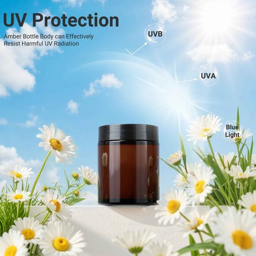 Waymind 12 Pack 8 oz Amber Round Glass Jars, 240 g Empty Cosmetic Containers with Inner Liners, Black Plastics Lids Glass Jars with Lables for Cosmetics, Face Cream, Lotion, Ointments and DIY Candle