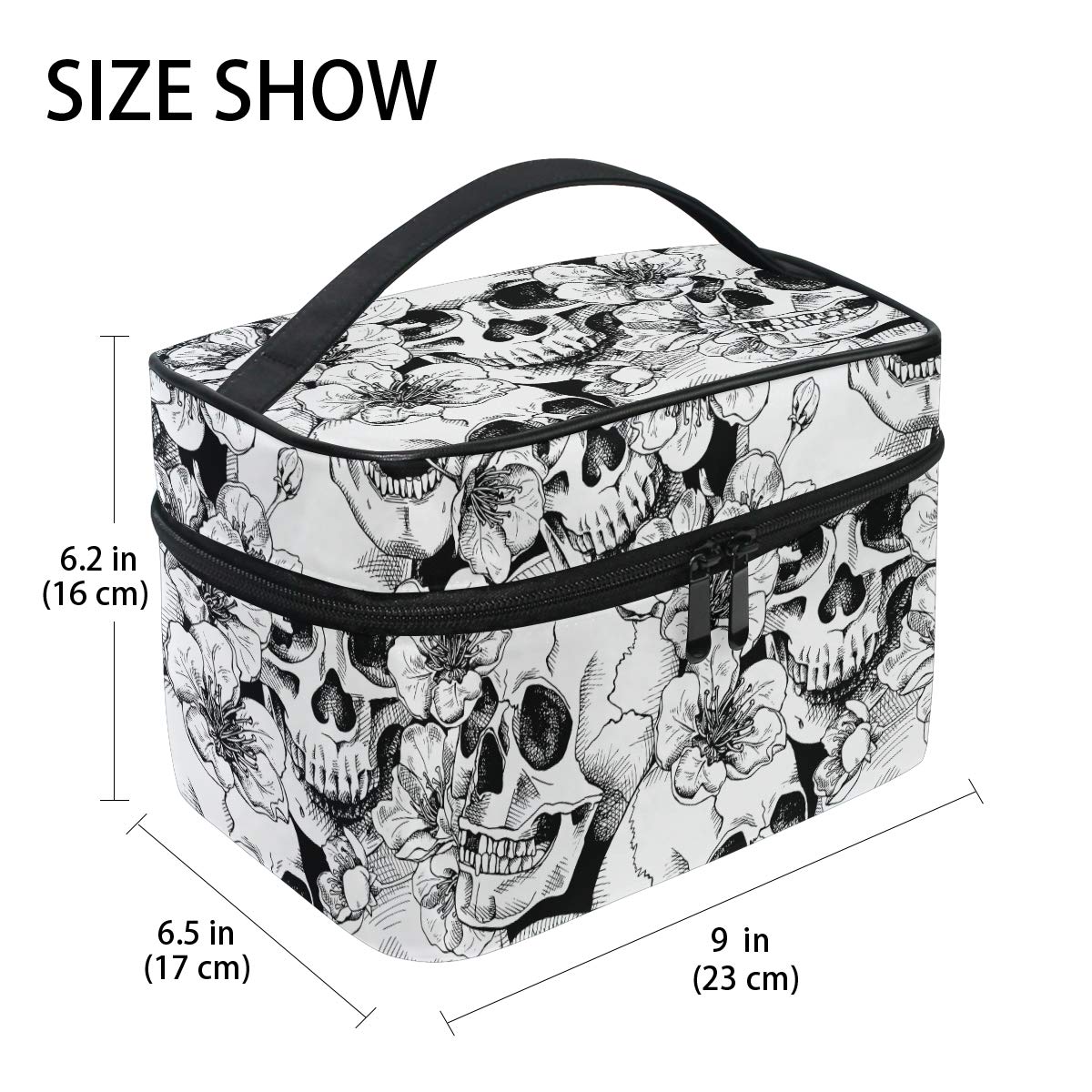 ZOEO Makeup Train Case Sugar Skull Mexican Floral Korean Carrying Portable Zip Travel Cosmetic Brush Bag Organizer Large White Elephant Gift for Girls Women