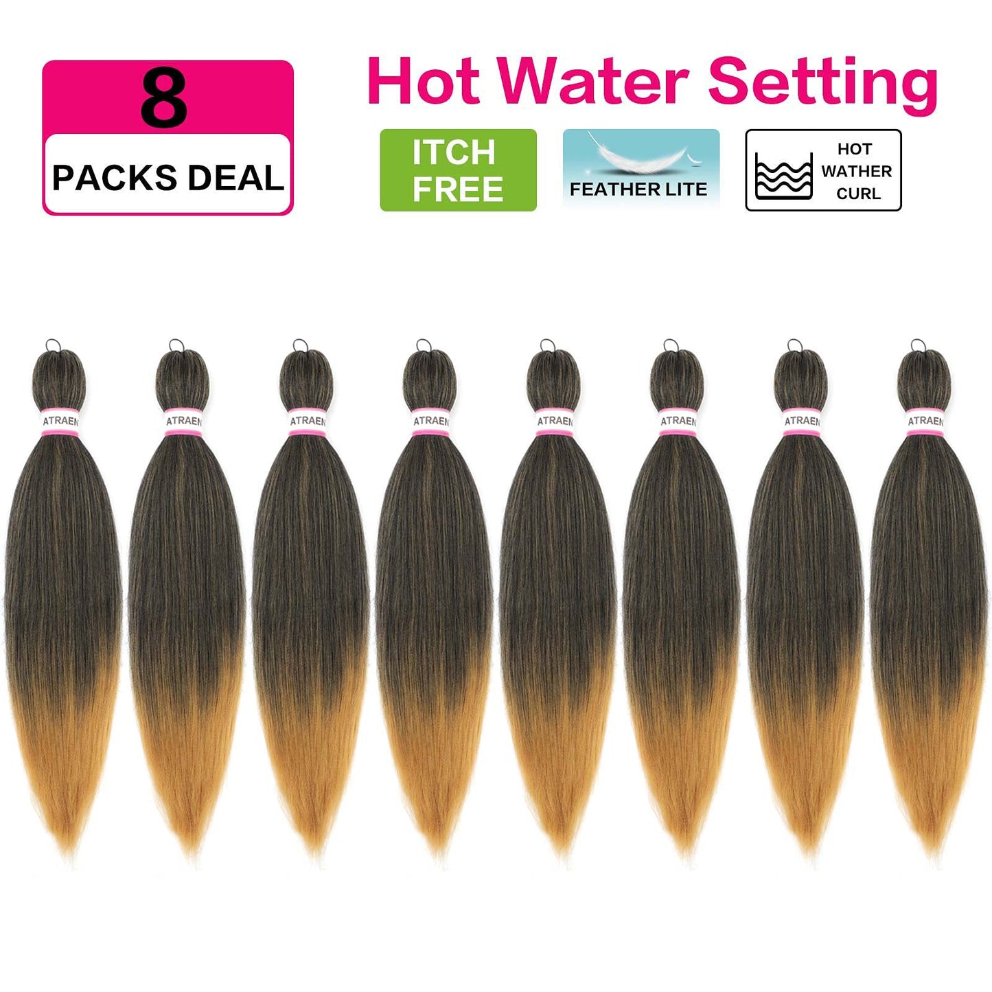 Pre Stretched Braiding Hair 8 Packs - 18 Inch Ombre Braiding Hair,Two Tone Yaki Texture Prestretched Crochet Braids Hair,Professional Synthetic Hair Extension Itch Free Hot Water Setting(18"T1B/27)