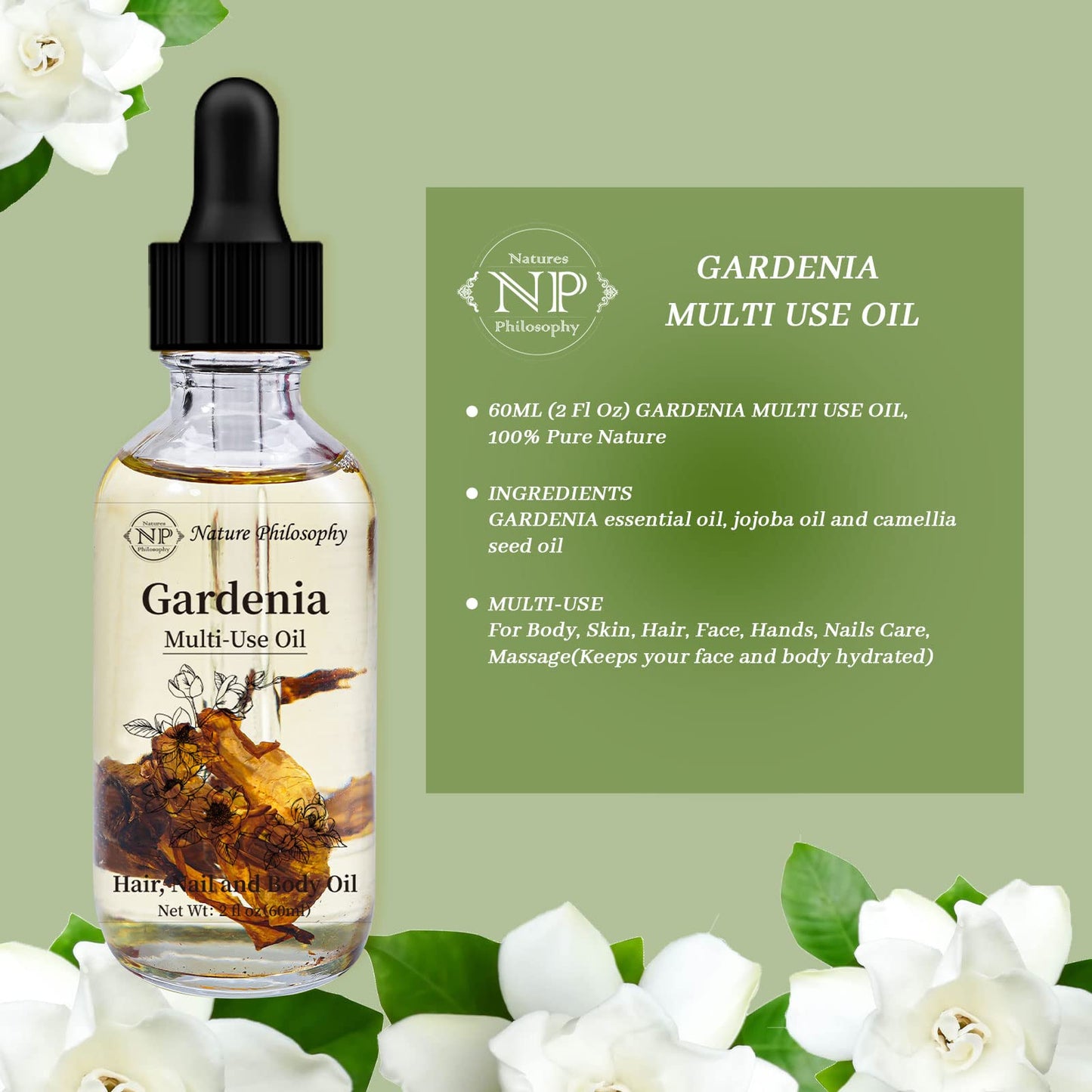 NP NATURES PHILOSOPHY Gardenia Multi-Use Oil for Face, Body and Hair - Organic Plant Fragrant Essential Oil for Dry Skin, Scalp and Nails - 2 Fl Oz