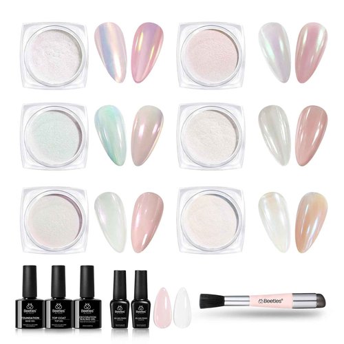 Beetles Chrome Nail Powder for Nails Aurora Pearl Kit 6 Colors with Base Top Coat Color Gel Polish-Iridescent Glazed Donut Chrome Nail Powder Metallic Mirror Mermaid Glitter Kit for Nail Art Design